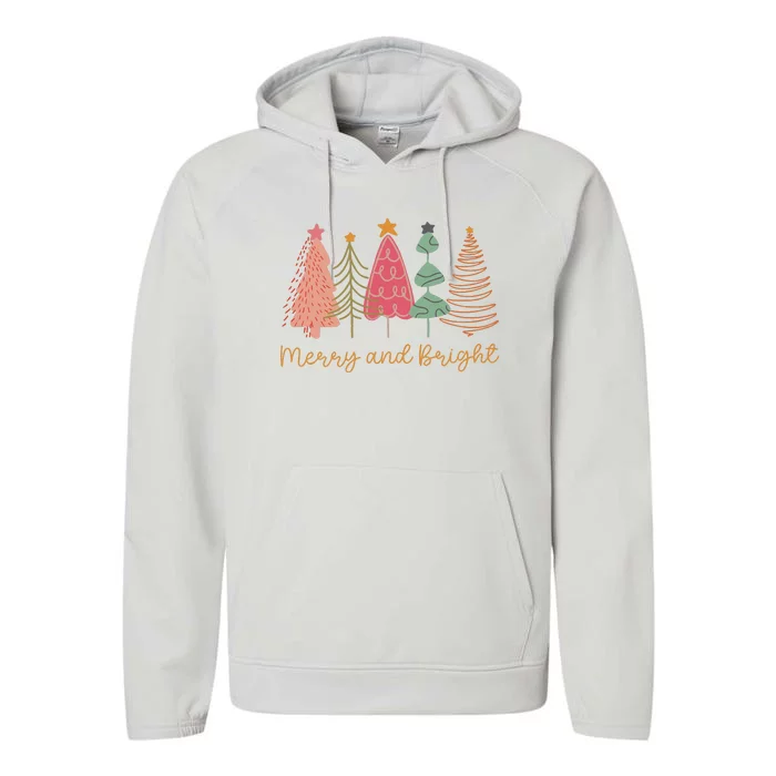 Merry And Bright Png Retro Christmas Tree Pink Performance Fleece Hoodie