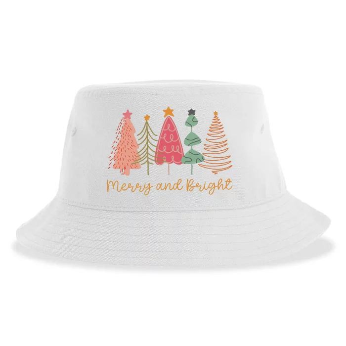 Merry And Bright Png Retro Christmas Tree Pink Sustainable Bucket Hat