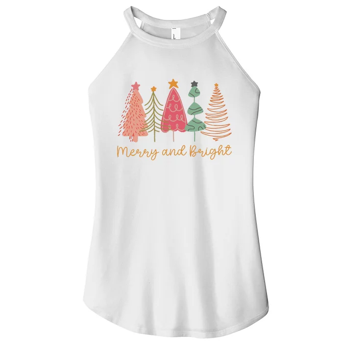 Merry And Bright Png Retro Christmas Tree Pink Women’s Perfect Tri Rocker Tank