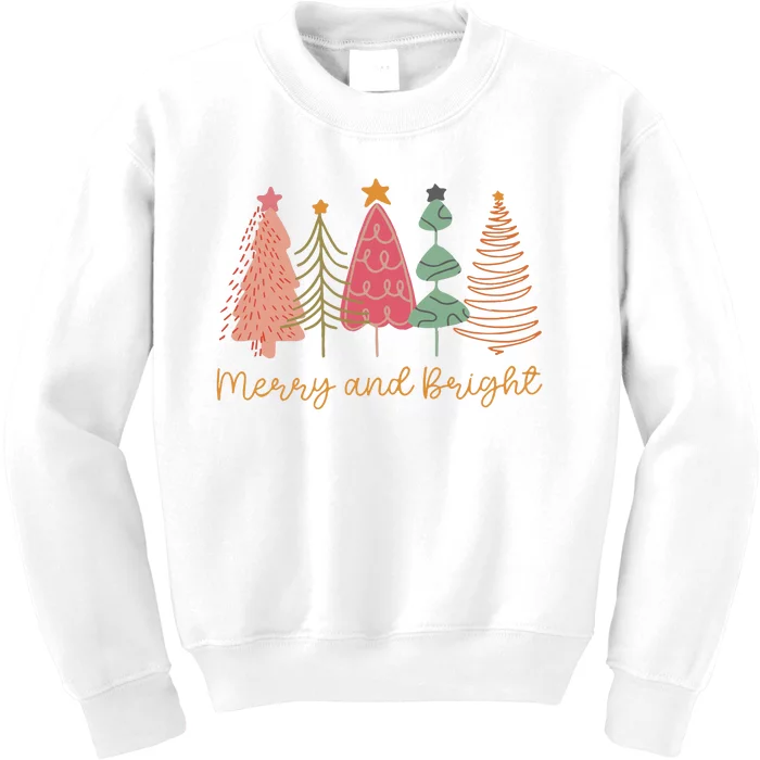 Merry And Bright Png Retro Christmas Tree Pink Kids Sweatshirt