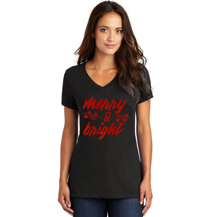 Merry And Bright Christmas Season With Holly Twigs Women's V-Neck T-Shirt