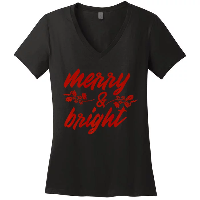 Merry And Bright Christmas Season With Holly Twigs Women's V-Neck T-Shirt