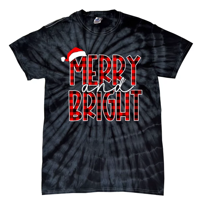 Merry And Bright Buffalo Plaid Red Santa Hat Christmas Xmas Tie-Dye T-Shirt