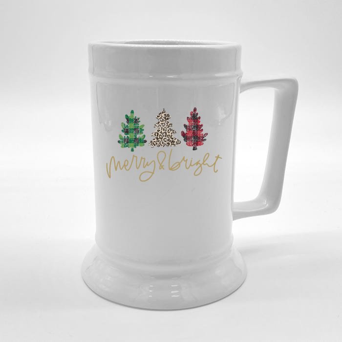 Merry And Bright Christmas With Plaid Animal Pattern Trees Front & Back Beer Stein