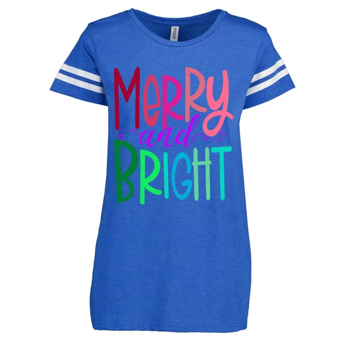 Merry And Bright Colorful Print Letters Christmas Design Enza Ladies Jersey Football T-Shirt