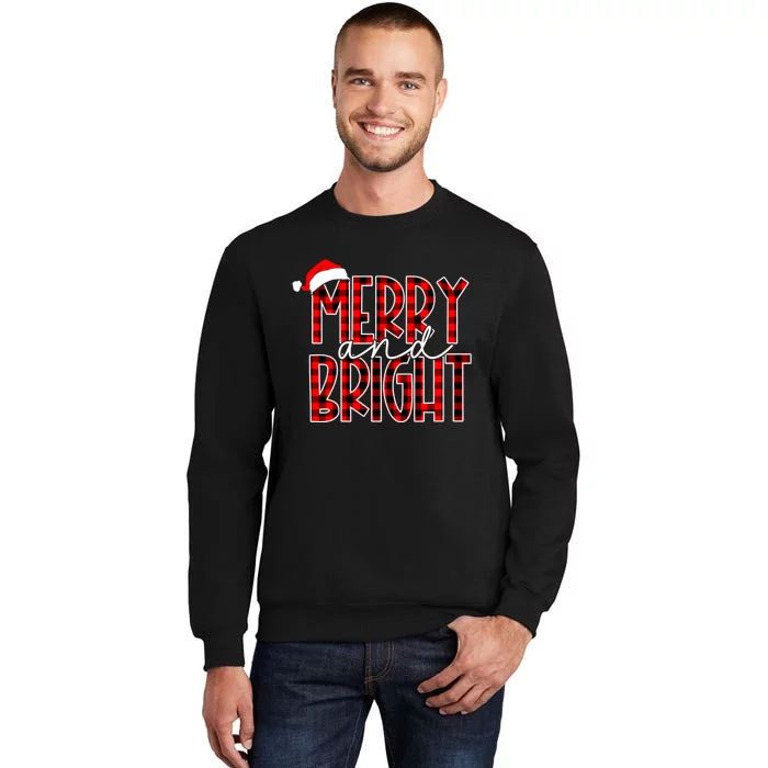 Merry And Bright Buffalo Plaid Red Santa Hat Christmas Xmas Sweatshirt