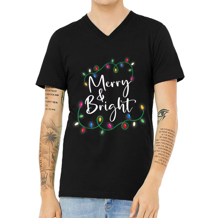 Merry And Bright Christmas Lights Xmas Holiday Family Match V-Neck T-Shirt