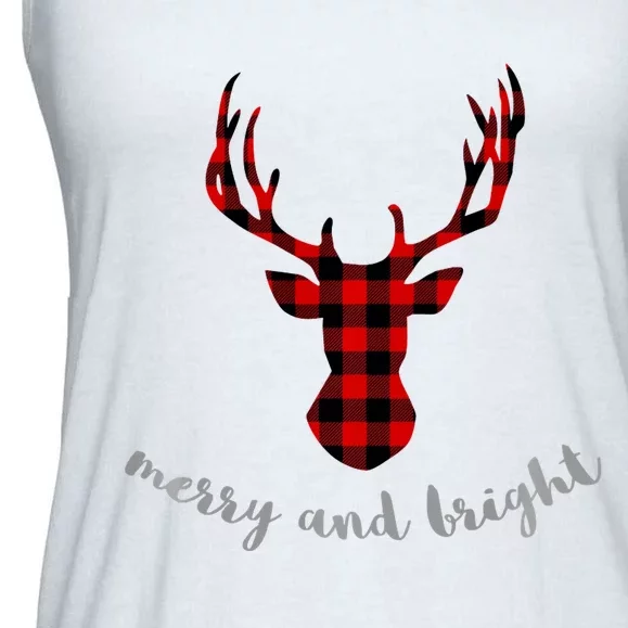 Merry And Bright Buffalo Plaid Deer Head Long Sleeved Ladies Essential Flowy Tank