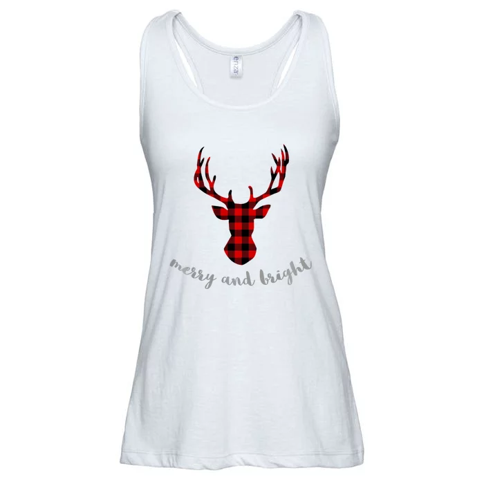 Merry And Bright Buffalo Plaid Deer Head Long Sleeved Ladies Essential Flowy Tank