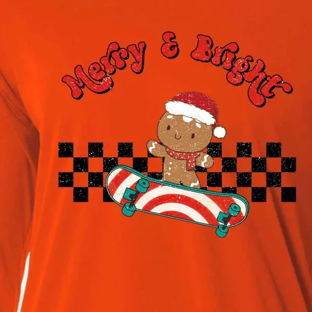 Merry And Bright Christmas Funny Skateboarding Gingerbread Gift Cooling Performance Long Sleeve Crew