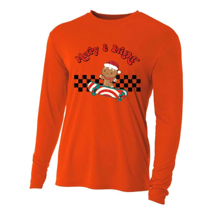 Merry And Bright Christmas Funny Skateboarding Gingerbread Gift Cooling Performance Long Sleeve Crew