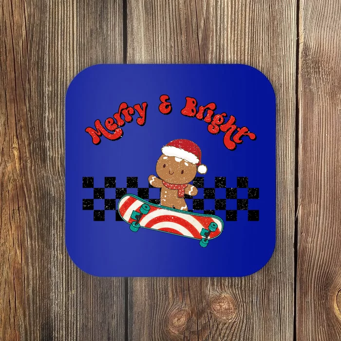 Merry And Bright Christmas Funny Skateboarding Gingerbread Gift Coaster