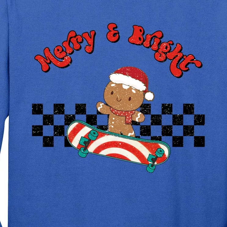 Merry And Bright Christmas Funny Skateboarding Gingerbread Gift Tall Long Sleeve T-Shirt