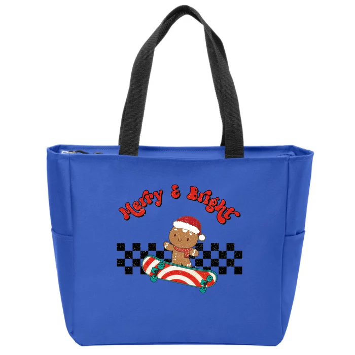 Merry And Bright Christmas Funny Skateboarding Gingerbread Gift Zip Tote Bag