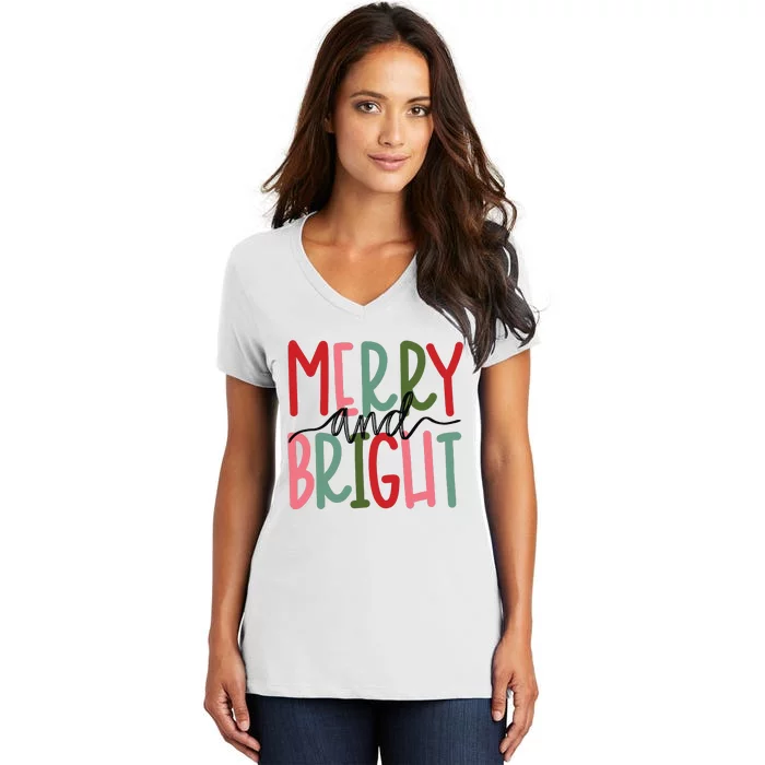 Merry And Bright Christmas Women Girls Cute Women's V-Neck T-Shirt