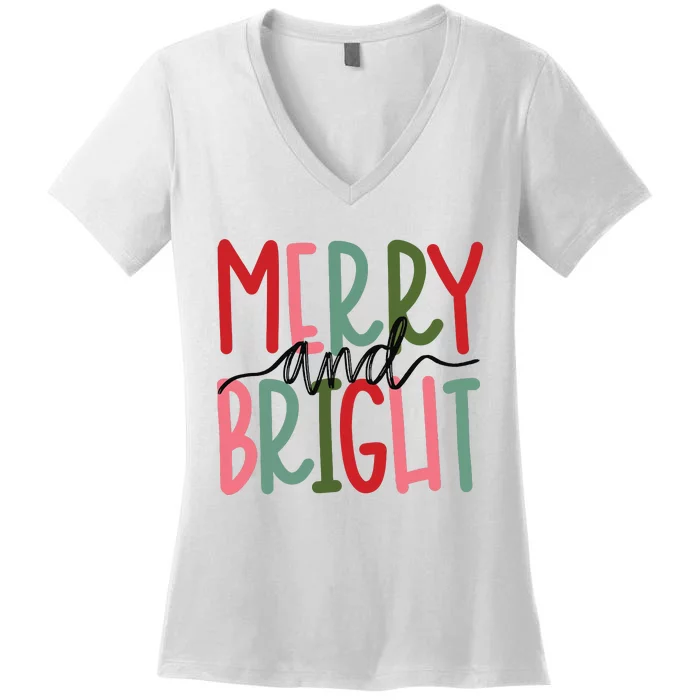 Merry And Bright Christmas Women Girls Cute Women's V-Neck T-Shirt