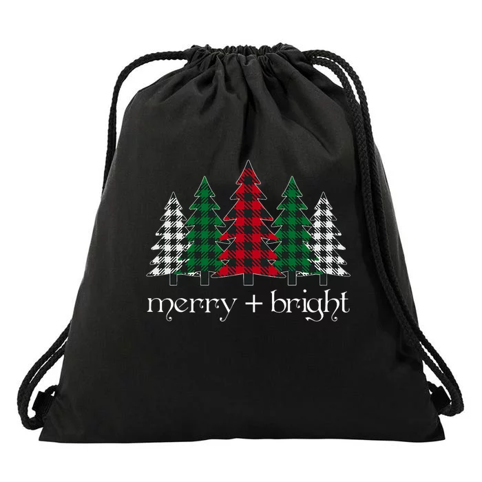 Merry And Bright Red Buffalo Plaid Christmas Trees Drawstring Bag