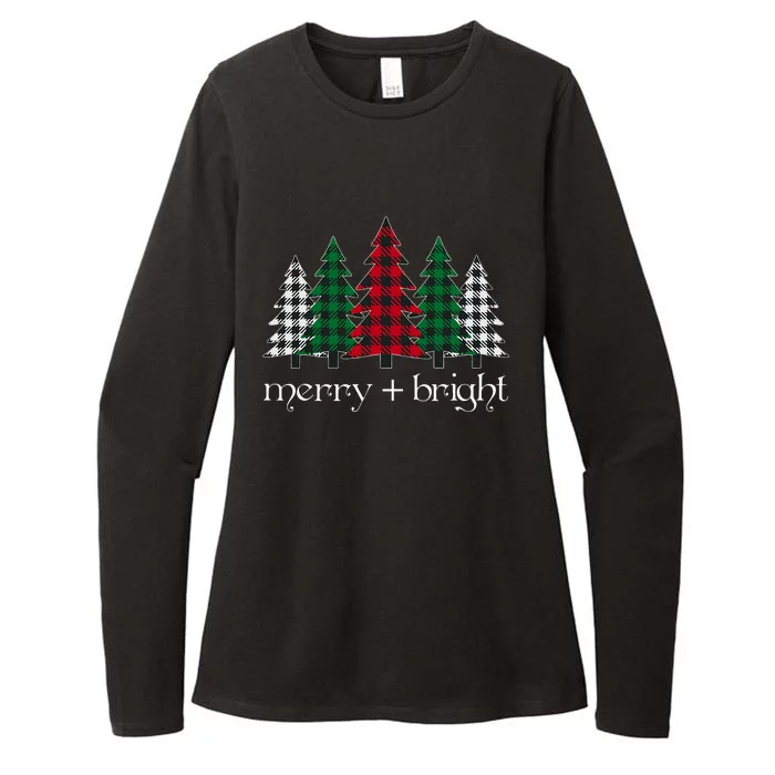 Merry And Bright Red Buffalo Plaid Christmas Trees Womens CVC Long Sleeve Shirt