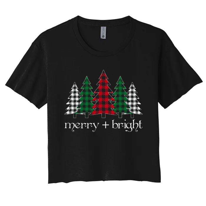 Merry And Bright Red Buffalo Plaid Christmas Trees Women's Crop Top Tee