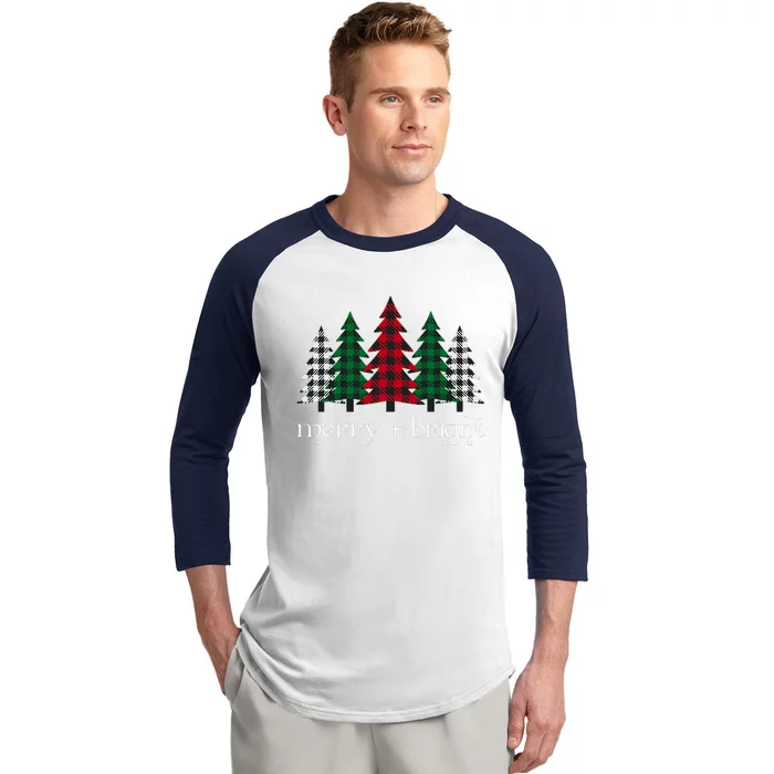 Merry And Bright Red Buffalo Plaid Christmas Trees Baseball Sleeve Shirt