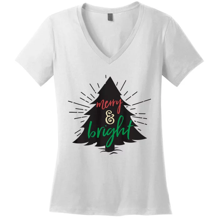 Merry And Bright Christmas Carol Holiday Party Singing Tree Women's V-Neck T-Shirt