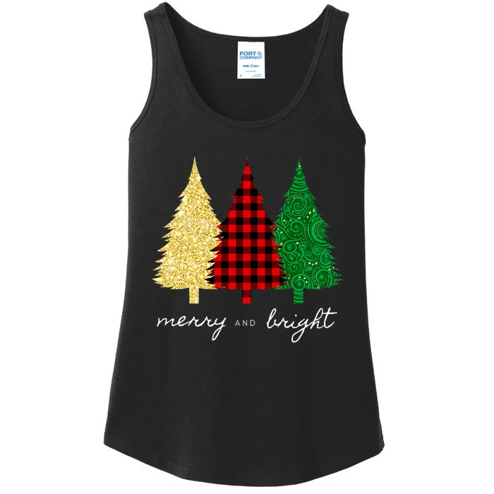 Merry And Bright Red Yellow Green Christmas Trees Premium Ladies Essential Tank