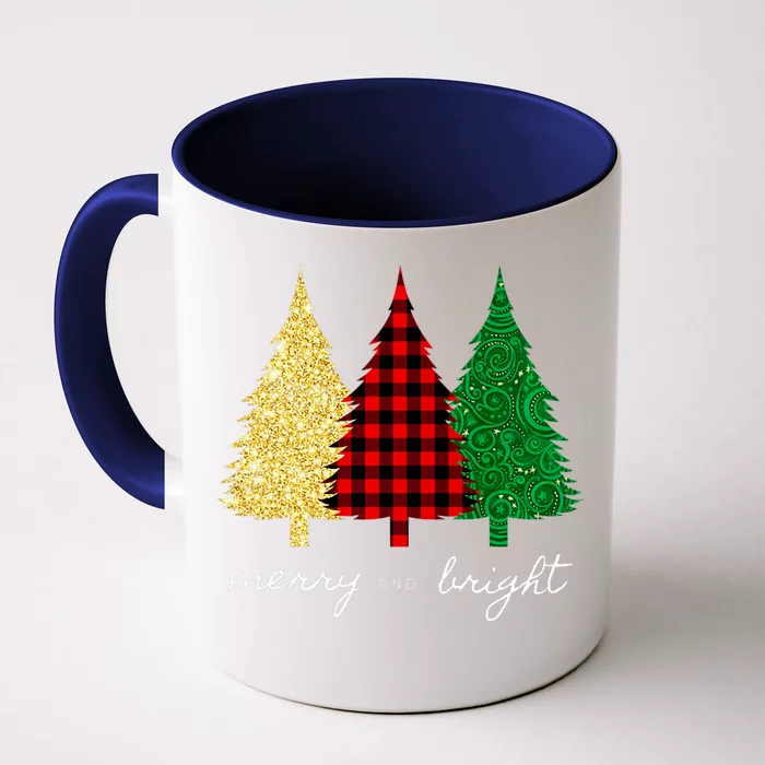 Merry And Bright Red Yellow Green Christmas Trees Premium Front & Back Coffee Mug