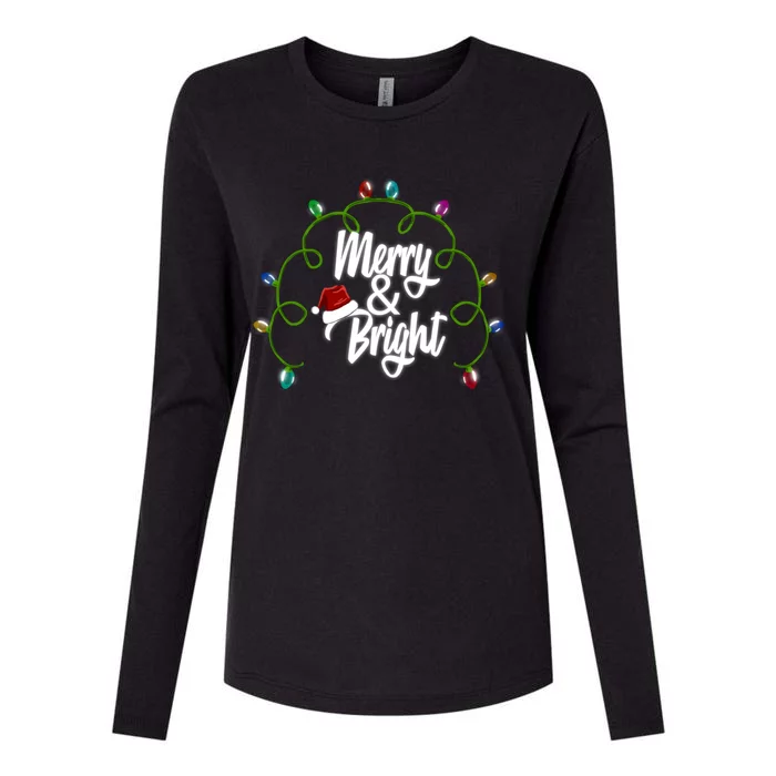 Merry And Bright Santa Hat Colorful Lights Christmas Gift Womens Cotton Relaxed Long Sleeve T-Shirt