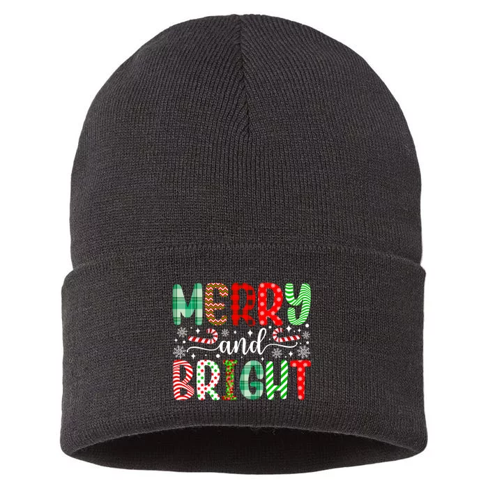 Merry And Bright Cute Christmas Holiday Long Sleeve Sustainable Knit Beanie