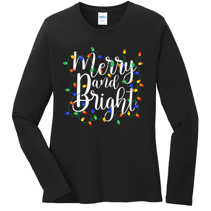 Merry and Bright Christmas Lights Xmas Holiday Ladies Long Sleeve Shirt