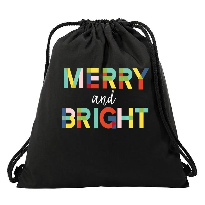 Merry And Bright Christmas Holiday Colorful Cheerful Drawstring Bag