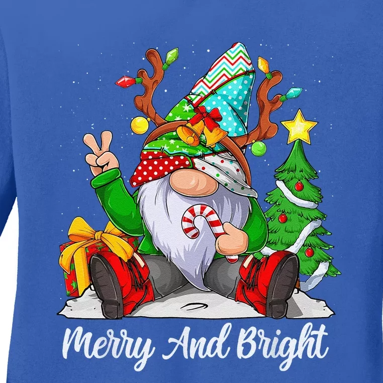 Merry And Bright Christmas Gnome Family Pajamas Matching Ladies Long Sleeve Shirt