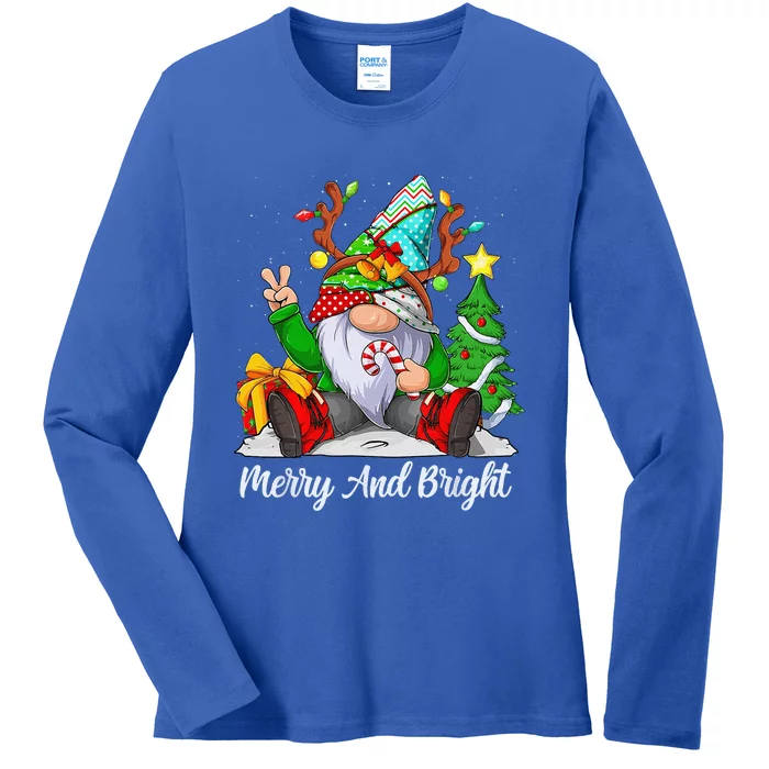 Merry And Bright Christmas Gnome Family Pajamas Matching Ladies Long Sleeve Shirt