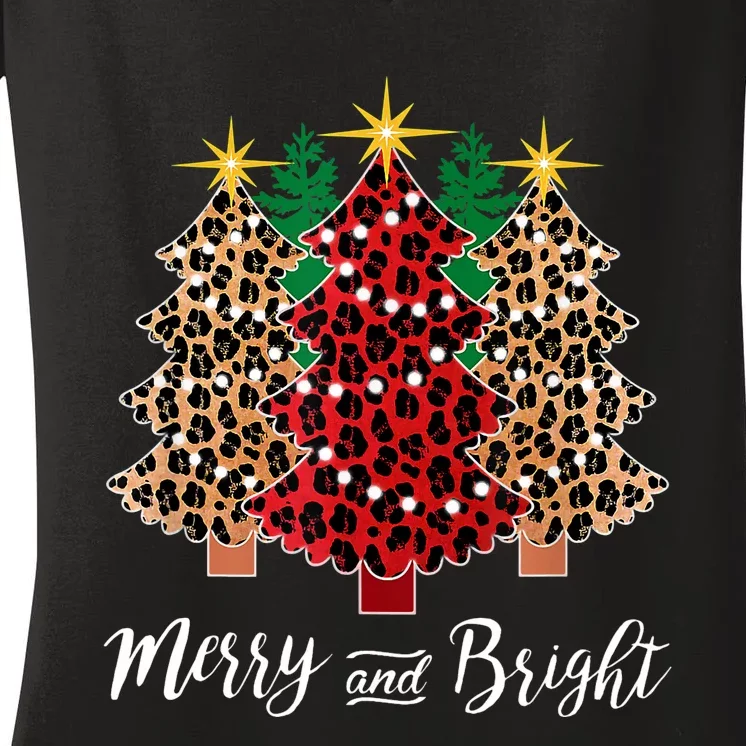 Merry And Bright Christmas Leopard Buffalo Plaid Christmas Women's V-Neck T-Shirt