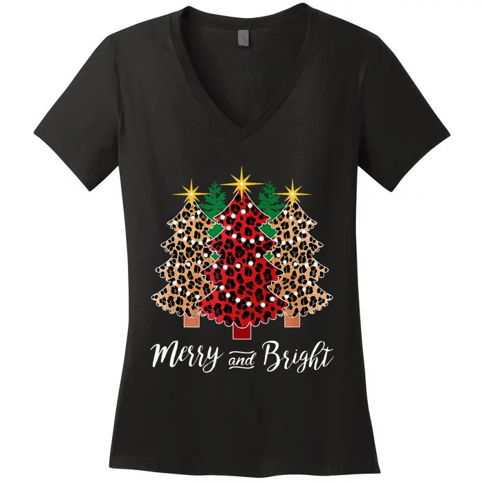 Merry And Bright Christmas Leopard Buffalo Plaid Christmas Women's V-Neck T-Shirt