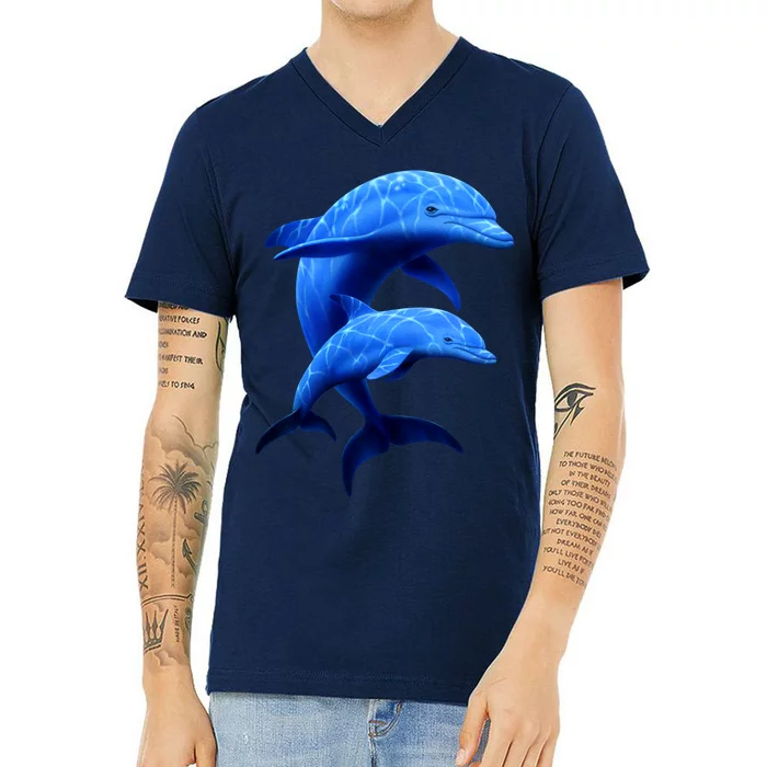 Mama And Baby Dolphin V-Neck T-Shirt