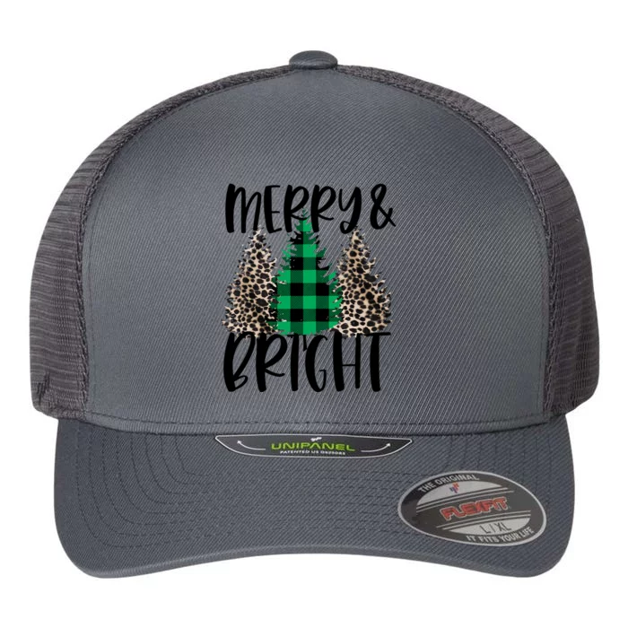 Merry And Bright Christmas Leopard Print Tree Buffalo Plaid Flexfit Unipanel Trucker Cap