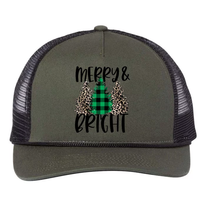 Merry And Bright Christmas Leopard Print Tree Buffalo Plaid Retro Rope Trucker Hat Cap