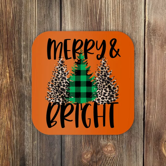 Merry And Bright Christmas Leopard Print Tree Buffalo Plaid Coaster