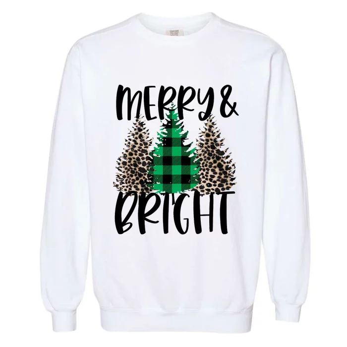 Merry And Bright Christmas Leopard Print Tree Buffalo Plaid Garment-Dyed Sweatshirt