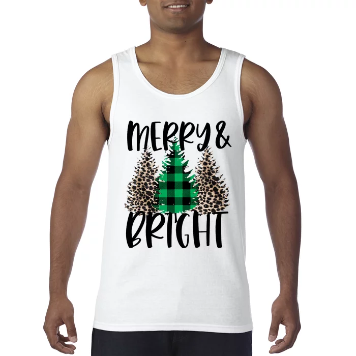 Merry And Bright Christmas Leopard Print Tree Buffalo Plaid Tank Top