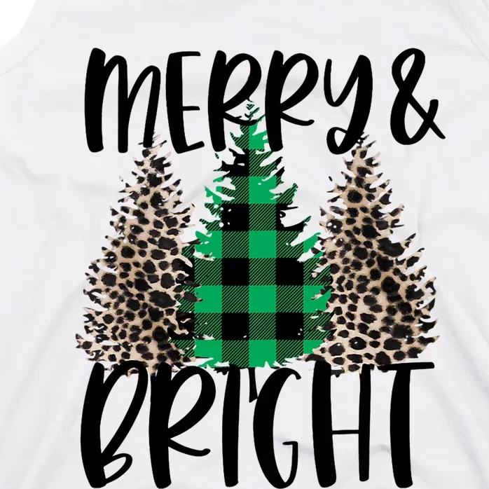 Merry And Bright Christmas Leopard Print Tree Buffalo Plaid Tank Top