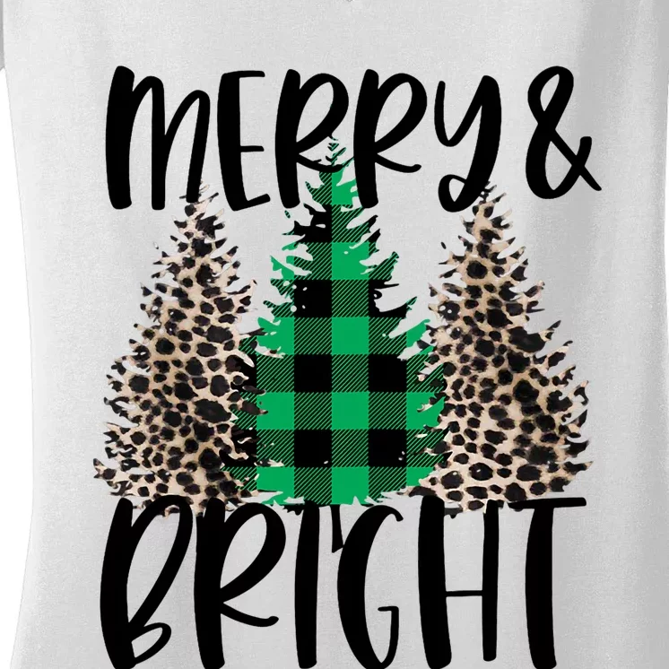 Merry And Bright Christmas Leopard Print Tree Buffalo Plaid Women's V-Neck T-Shirt