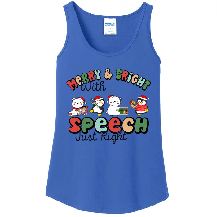 Merry And Bright With Speech Just Right Xmas Speech Therapy Ladies Essential Tank