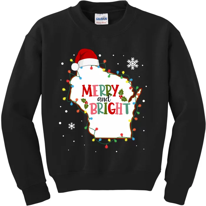 Merry And Bright Christmas Lights Xmas Wisconsin State Long Sleeve Kids Sweatshirt