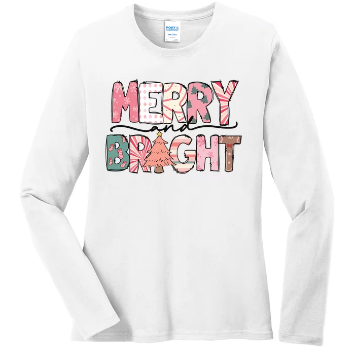 Merry And Bright Pink Christmas Ladies Long Sleeve Shirt