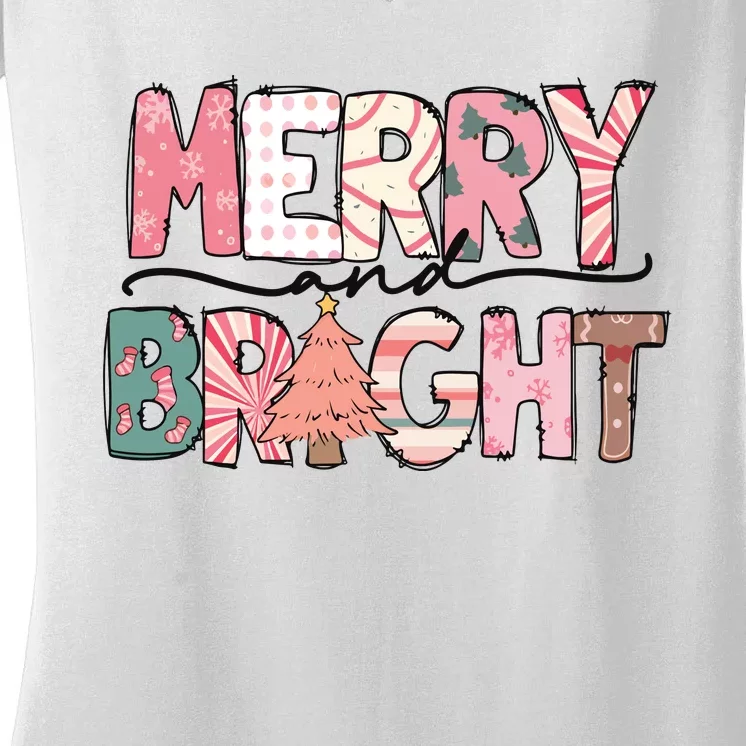 Merry And Bright Pink Christmas Women's V-Neck T-Shirt