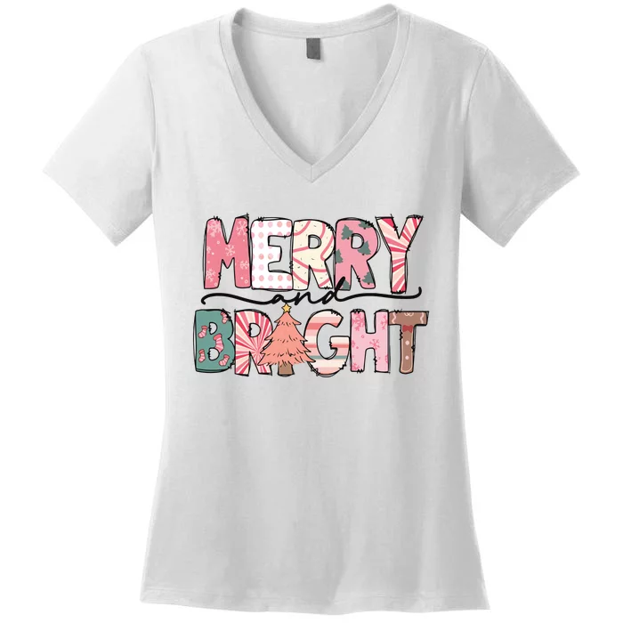 Merry And Bright Pink Christmas Women's V-Neck T-Shirt