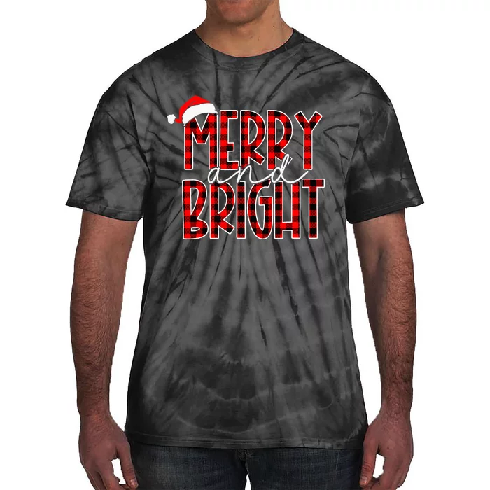 Merry and Bright Buffalo Plaid Red Santa Hat Christmas Xmas Tie-Dye T-Shirt