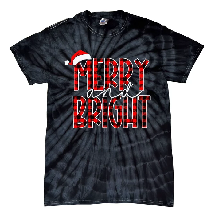 Merry and Bright Buffalo Plaid Red Santa Hat Christmas Xmas Tie-Dye T-Shirt